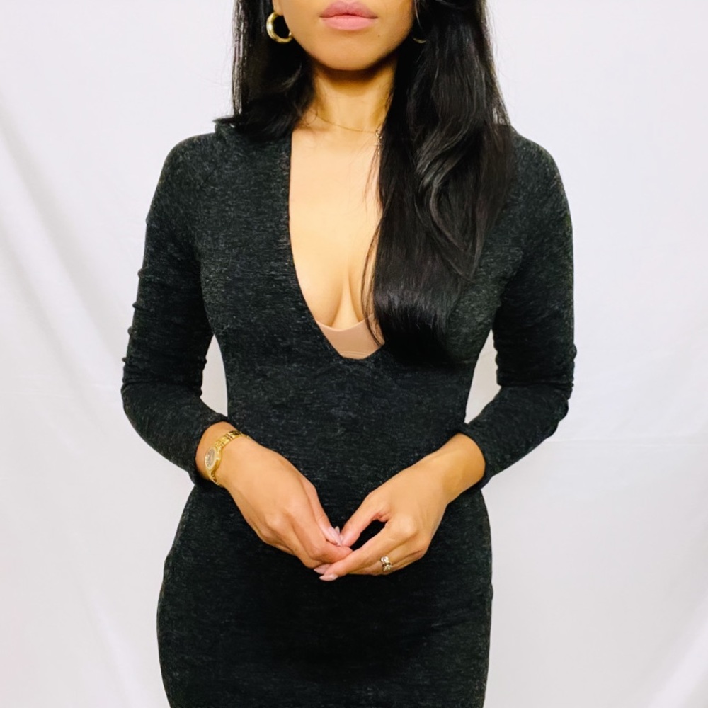 Tobi | Grey Long Sleeve V-Neck Fitted Knit Mini Dress S - Picture 8 of 10